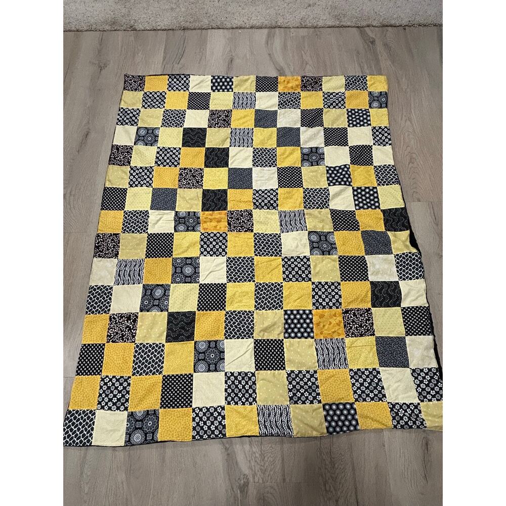 Handmade Black Yellow White Patchwork Quilt Throw Soft Minky Backing 60x47 - Picture 2 of 6